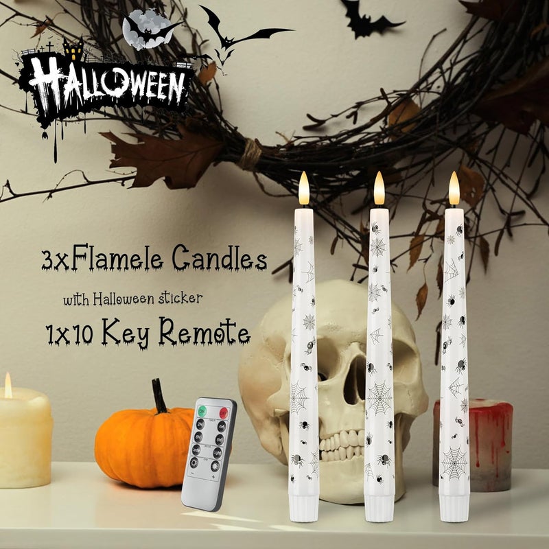AFINETH Halloween Candles with Spider Web, Spider, 9.6”Real Wax Flameless Taper Candles with Remote & Timer, 3 Pack Battery Operated Halloween Led Candlesticks for Party Home Decor - Image 5